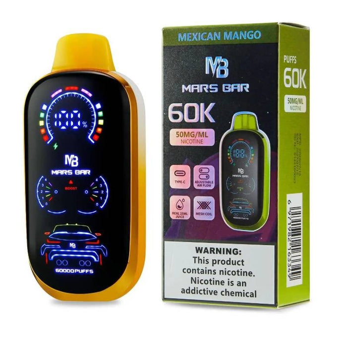 Mars Bar 60K disposable vape with full digital screen showing battery life, vaping mode, and puff count