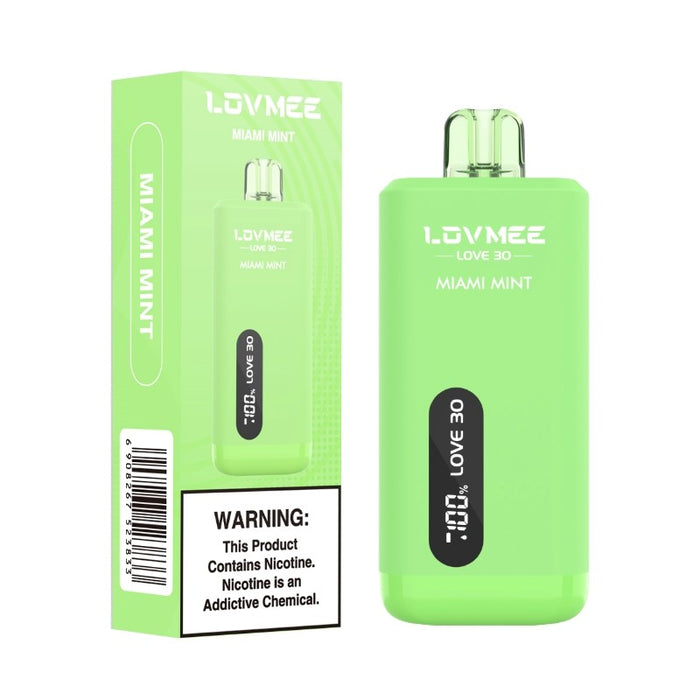 LOVMEE Love 30K vape with pre-filled pod, USB-C charging, and digital display for convenient use.