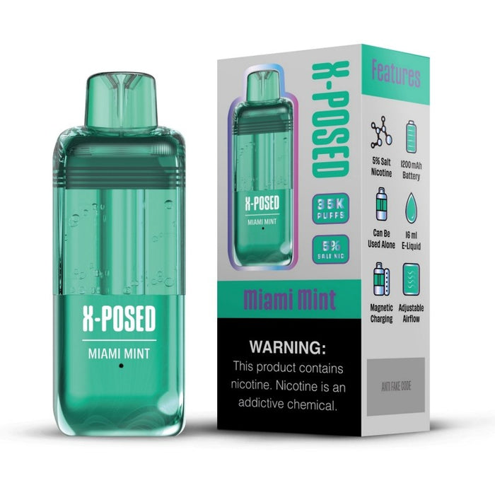 Buy X-Posed 35K Disposable Pod in fruity and menthol flavors like Juicy Peach and Miami Mint.
