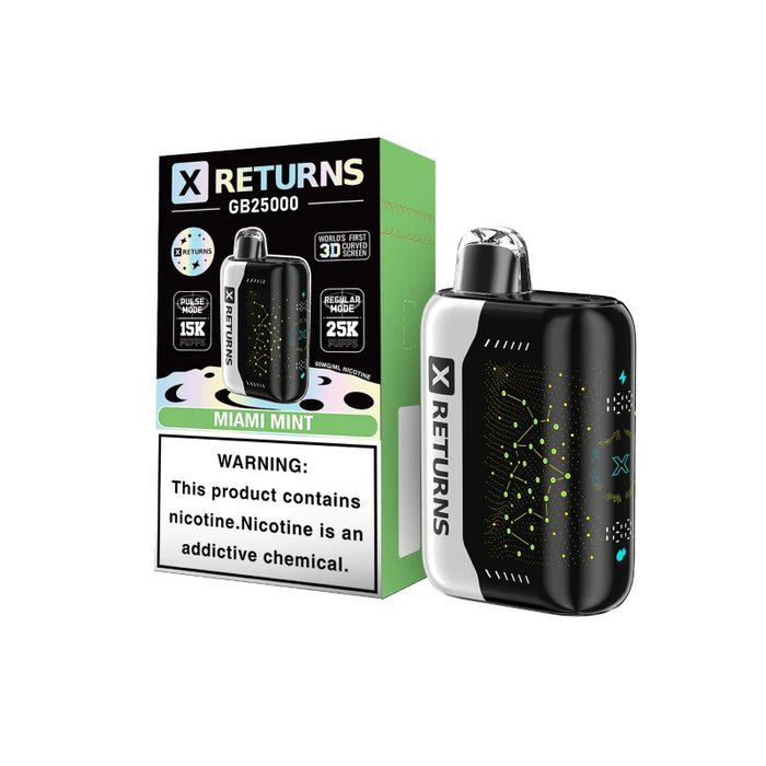 High-capacity X Returns GB25000 disposable vape offering up to 25,000 puffs in Regular Mode.