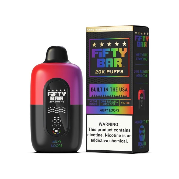 Strawberry Cereal Donut Milk and Milky Loops Fifty Bar 20K vape with always-active boost mode for intense flavor and vapor production.