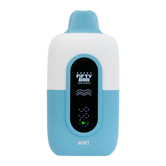 Side view of Fifty Bar 20K disposable vape featuring 18ml nixodine e-liquid and draw-activated vaping.