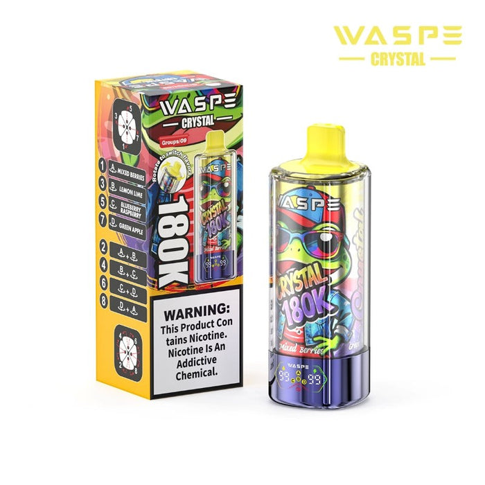 WASPE Crystal 8-in-1 vape displaying active flavor combination on smart color screen