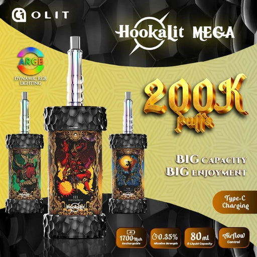 Olit Hookalit Mega 200K Disposable Hookah with 80ml pre-filled e-juice and 1700mAh rechargeable battery at MistVapor Online Vape Shop.