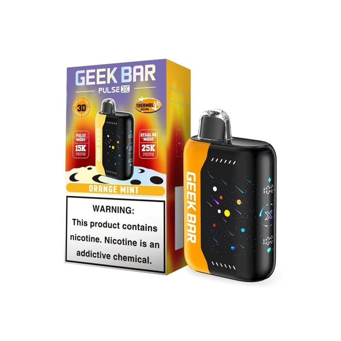 Close-up of Geek Bar Pulse X 25K Thermal Edition vape showing thermochromic design and LED puff display at MistVapor vape store