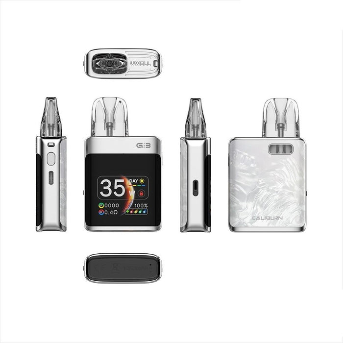 Compact and stylish Uwell Caliburn G3 KOKO Kit with a metallic shiny finish and ergonomic design.