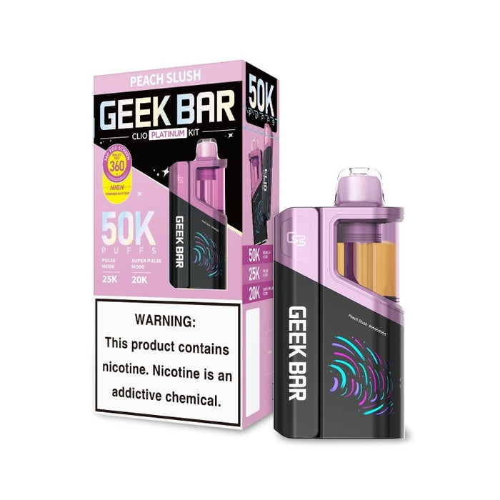 Geek Bar Clio Platinum 50K vape kit featuring super pulse mode and transparent refillable pod for flavor enthusiasts.