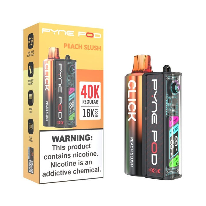 Pyne Pod Click 40K disposable vape in Strawberry Mango and Banana Taffy Frosty flavors.