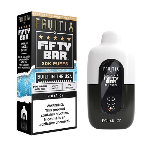 Colorful Fruitia X Fifty Bar 20K disposable vape in flavors like Baja Burst, Bonker Berries, and Blueberry Pound Cake.