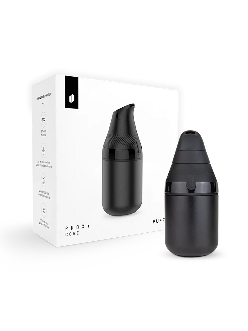 Puffco Proxy Core with included accessories: Core cup, mouthpiece, 3D chamber, terp pearls, loading tool, and USB-C charging cable.