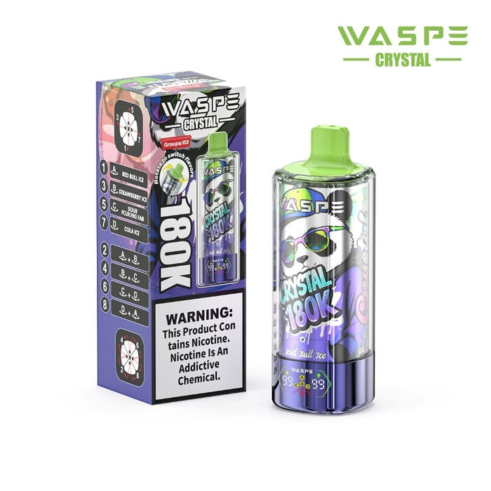 WASPE Crystal 8-in-1 high-capacity disposable vape with 4 mesh coils for consistent flavor production.