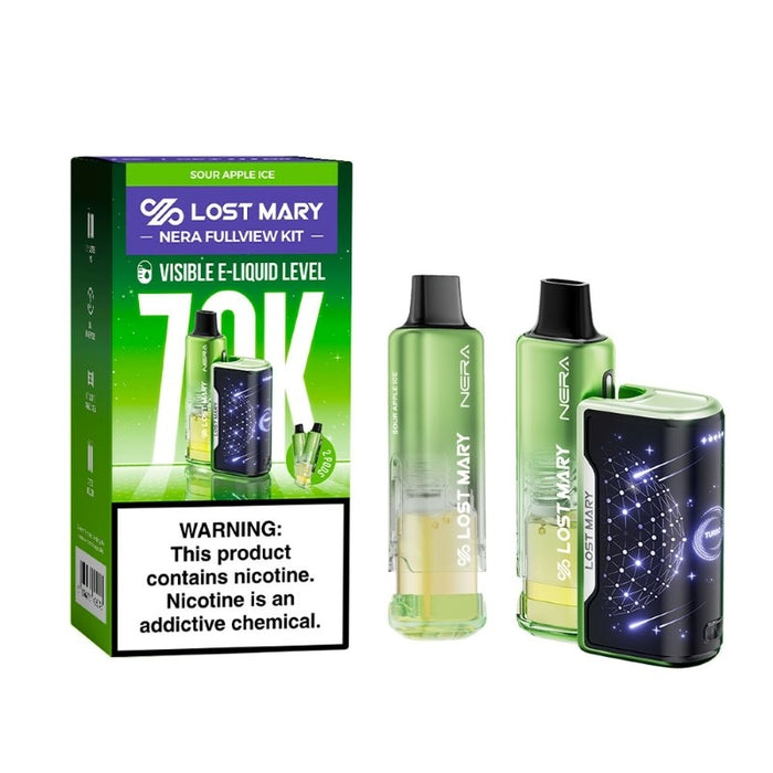 Lost Mary Nera Fullview 70K disposable vape kit package including device, pods, refill containers, and user manual