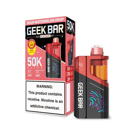 Long-lasting Geek Bar Clio Platinum 50K disposable vape with 16ml pre-filled e-juice and dual mesh coils.