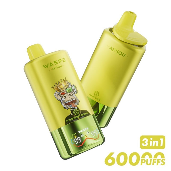 WASPE 60K disposable vape kit with multiple flavor options including Strawberry Banana, Pineapple Coconut Ice, and Mango Ice.