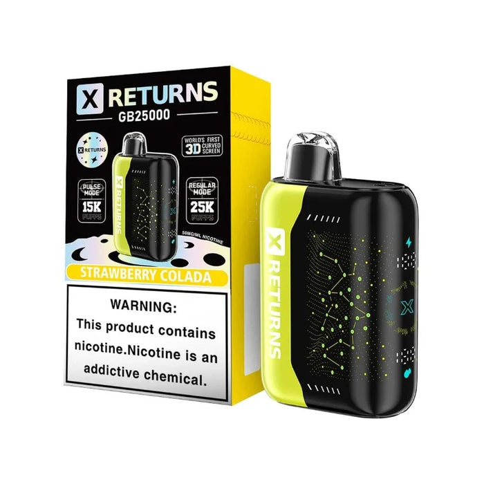 Strawberry Colada X Returns GB25000 disposable vape with 18ml prefilled e-liquid and draw-activated system.