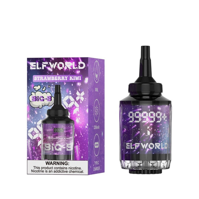 Rechargeable 2200mAh Elfworld Big-B disposable vape with smart screen, USB Type-C charging, and smooth flavor production.