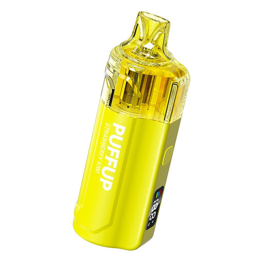 Side view of Puffup 25K disposable vape showing transparent tank for e-liquid level and RGB output mode indicators
