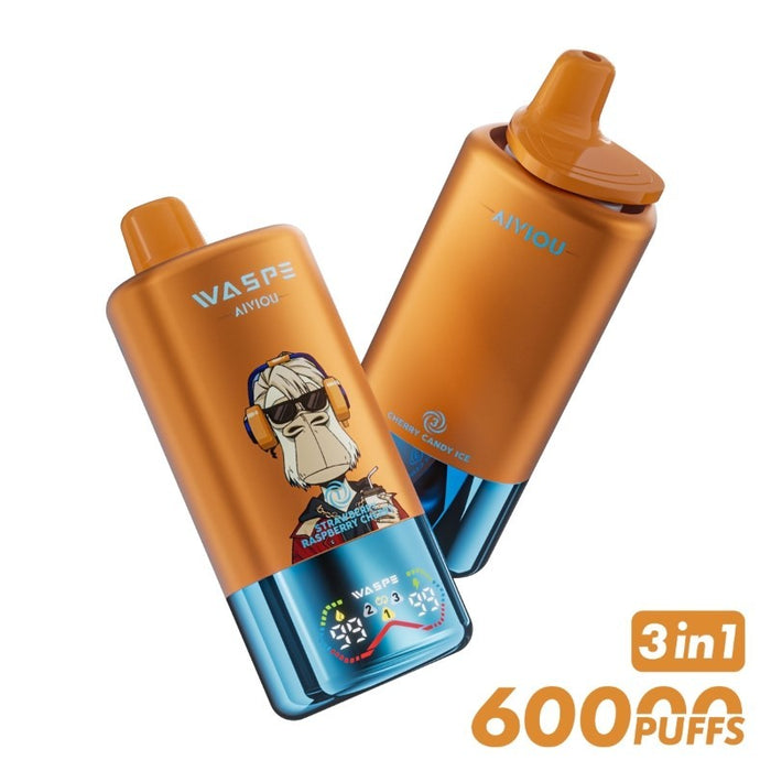 High-capacity WASPE 60K disposable vape with digital display screen showing battery life and e-liquid levels