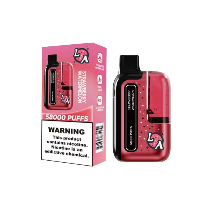 Strawberry Watermelon L&A Tank 58K disposable vape with 20ml vape juice and draw-activated system.