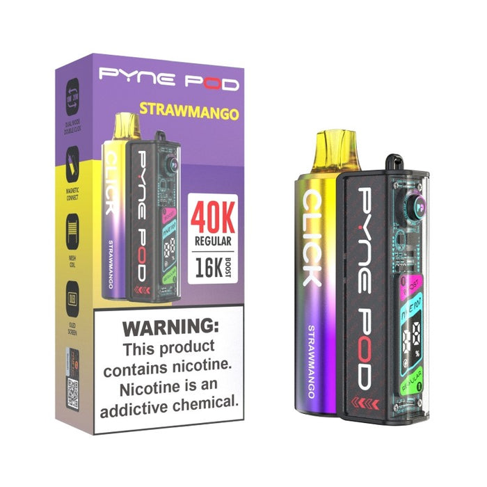 Pyne Pod Click 40K vape with draw-activated operation and USB Type-C charging (cable not included).