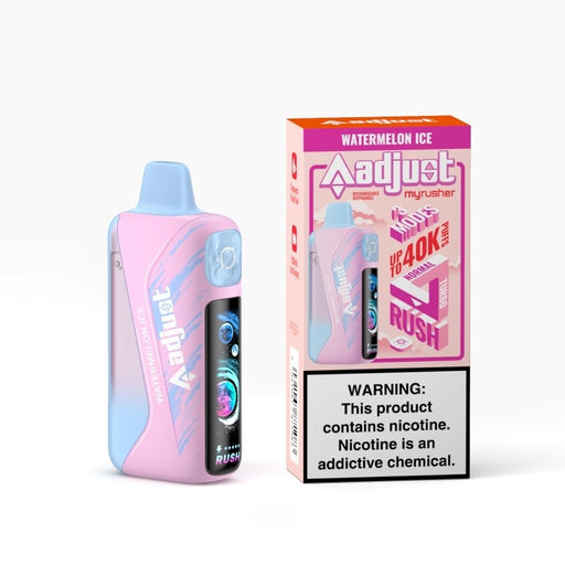 Stylish Adjust Myrusher 40K Disposable Kit with pre-filled 5% nicotine e-juice for long-lasting vaping.