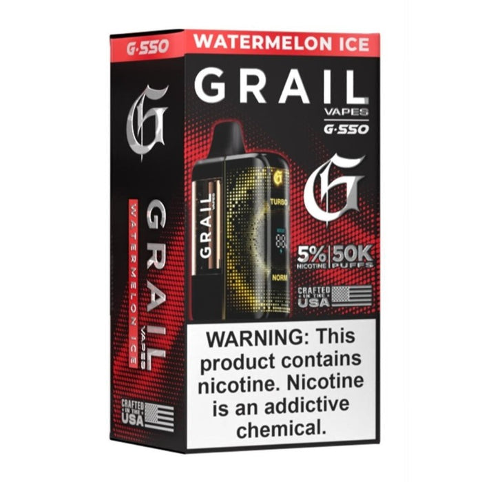 Grail G550 50K disposable vape with USB Type-C charging and battery life indicator.
