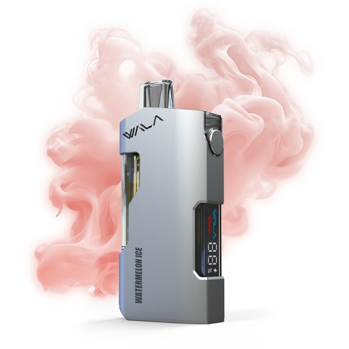 Close-up of Wala Yo 50K vape with floating e-liquid indicator and USB-C rechargeable disposable vape device.