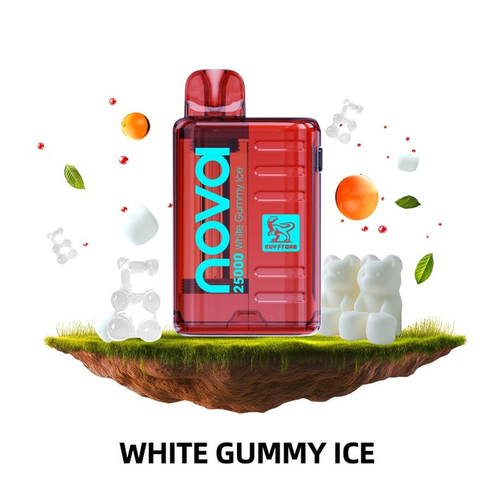 Premium flavored Keystone Nova 25K disposable vape including Sour White Gummy, Watermelon Ice, and Peach Ice