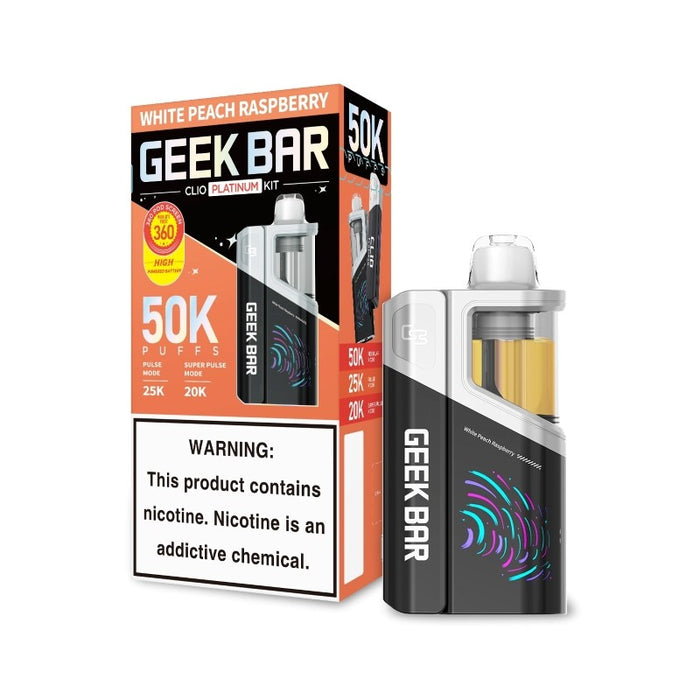 Geek Bar Clio Platinum 50K disposable vape with detachable 900mAh charging device for extended use.